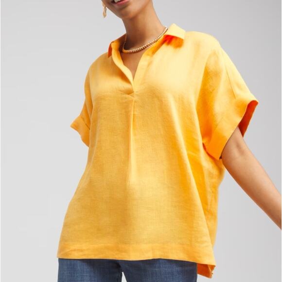 CHICO'S Top Size 10 100% Linen Popover Mango Sorbet Collar Boxy Lagenlook Casual - Picture 1 of 11